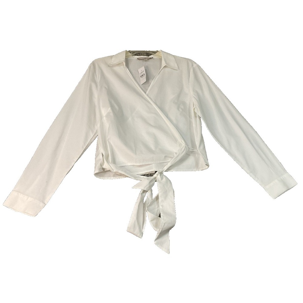 LOFT 100% Tie Front‎ Shirt Sz L White Long Sleeve Flowy Coastal Shirt